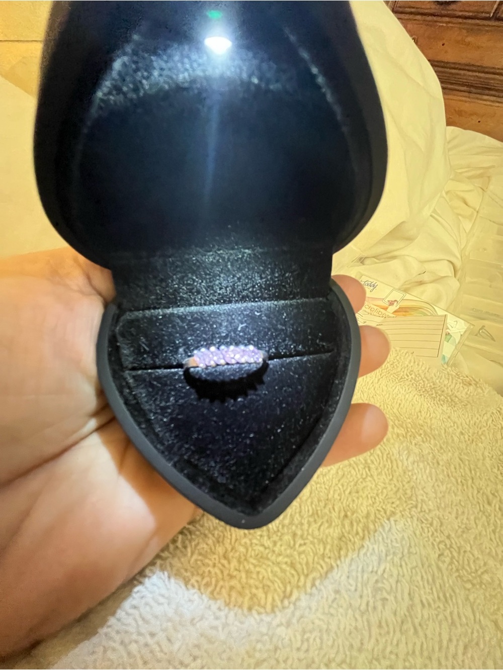 Pink Pavé Ring in Black Velvet Heart Box